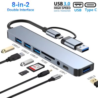 Adaptador Hub USB C 8 en 1 – Multi-Puertos con Audio 3.5mm, SD/TF y USB para Laptop y Celular