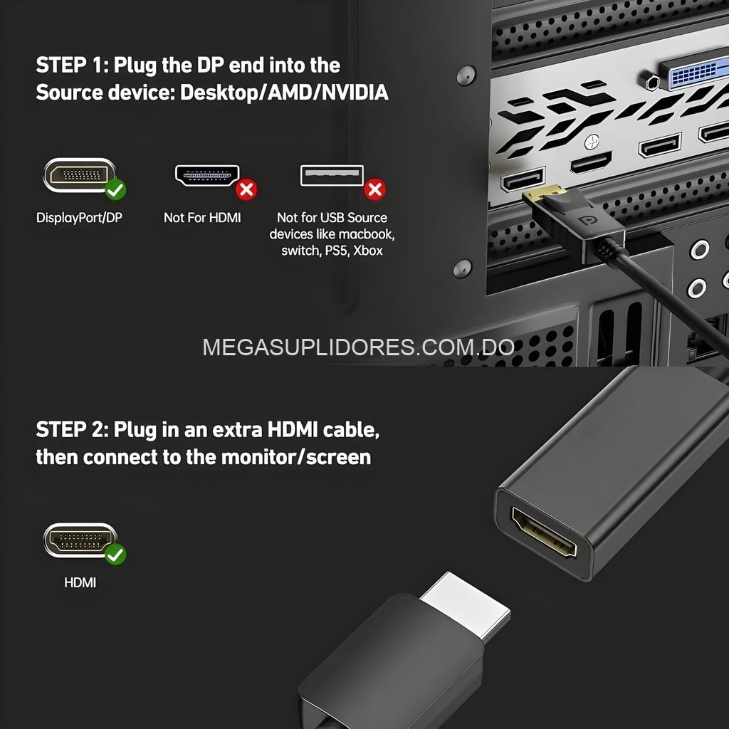 Adaptador DisplayPort a HDMI Macho a Hembra - DP - Conexión Uni-Direccional con Audio Digital