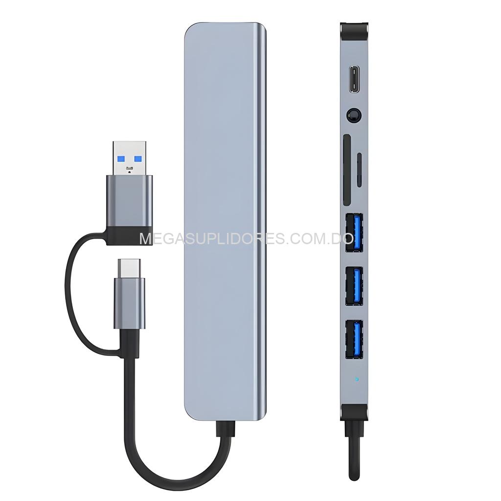 Adaptador Hub USB C 8 en 1 – Multi-Puertos con Audio 3.5mm, SD/TF y USB para Laptop y Celular