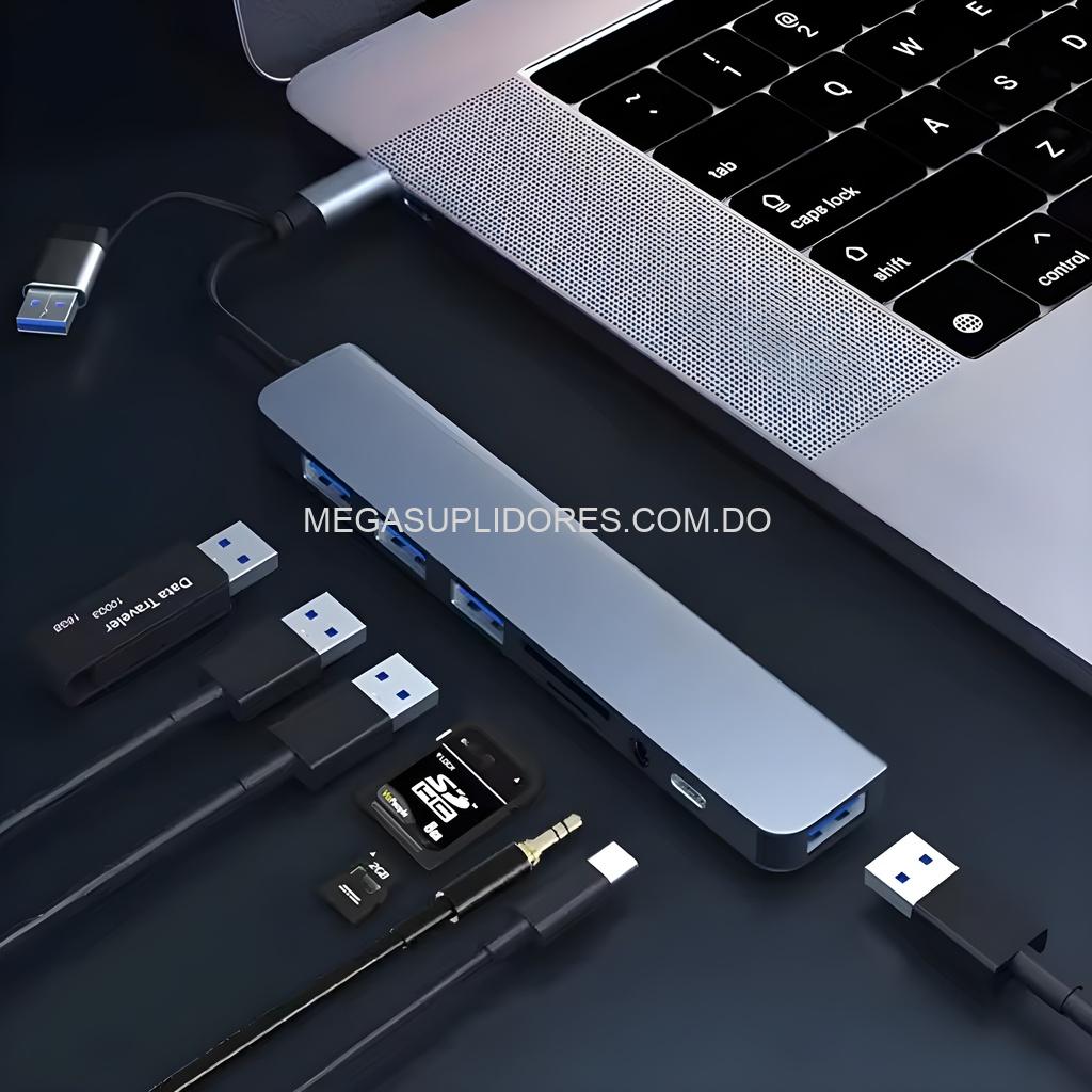 Adaptador Hub USB C 8 en 1 – Multi-Puertos con Audio 3.5mm, SD/TF y USB para Laptop y Celular