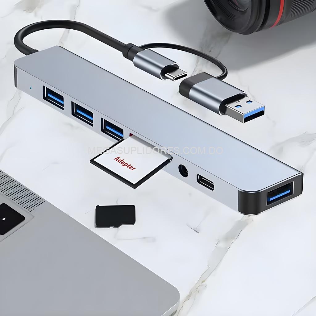 Adaptador Hub USB C 8 en 1 – Multi-Puertos con Audio 3.5mm, SD/TF y USB para Laptop y Celular