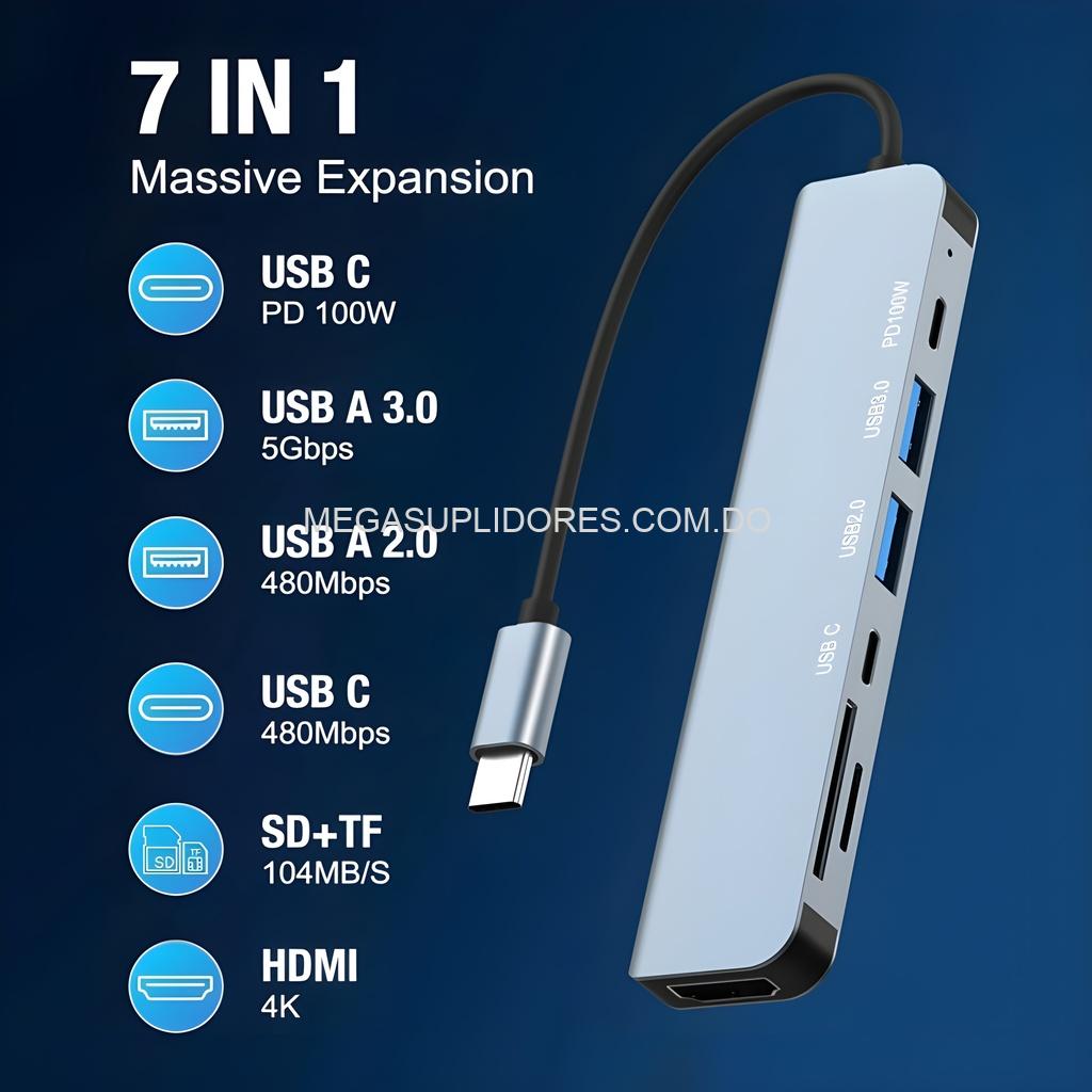 Adaptador Hub USB Tipo C 7 en 1 – HDMI 4K - SD - MicroSD - USB 3.0 y Power Delivery 100W
