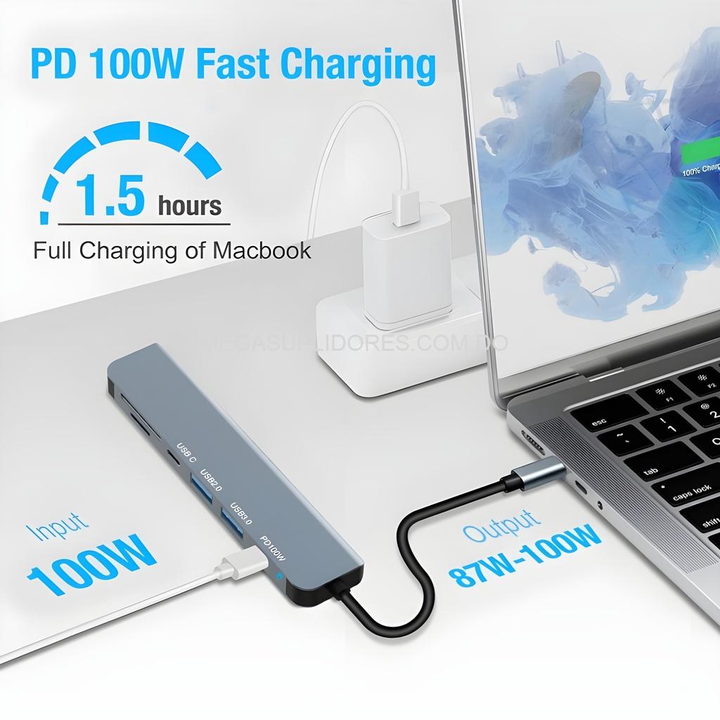 Adaptador Hub USB Tipo C 7 en 1 – HDMI 4K - SD - MicroSD - USB 3.0 y Power Delivery 100W