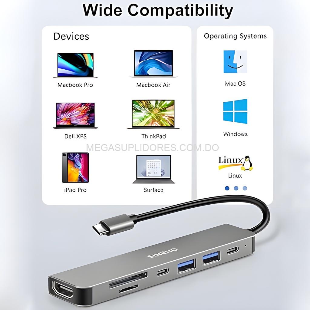 Adaptador Hub USB Tipo C 7 en 1 – HDMI 4K - SD - MicroSD - USB 3.0 y Power Delivery 100W