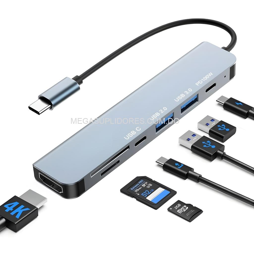 Adaptador Hub USB Tipo C 7 en 1 – HDMI 4K - SD - MicroSD - USB 3.0 y Power Delivery 100W